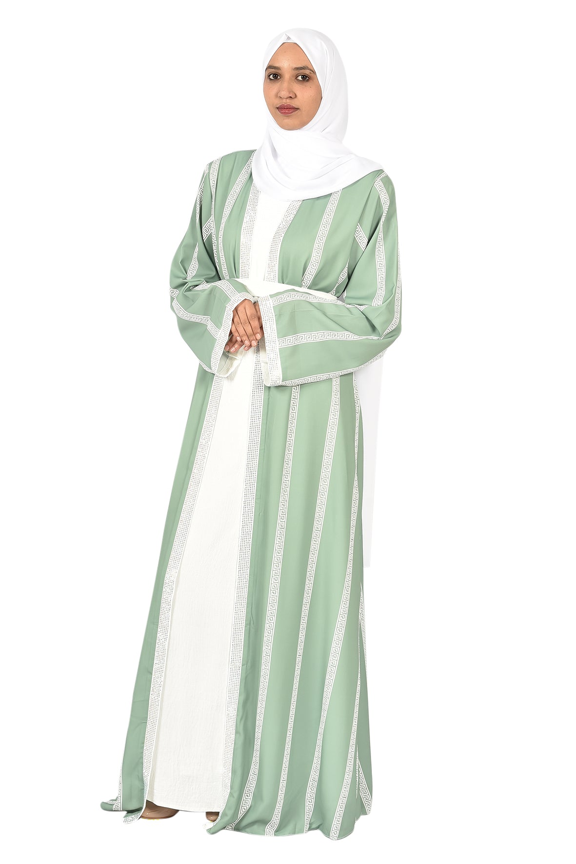 Pastel Green Abaya with Elegant White Striped Detailing  _katalia