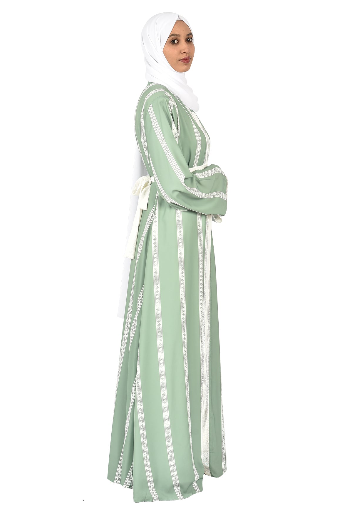 Pastel Green Abaya with Elegant White Striped Detailing  _katalia