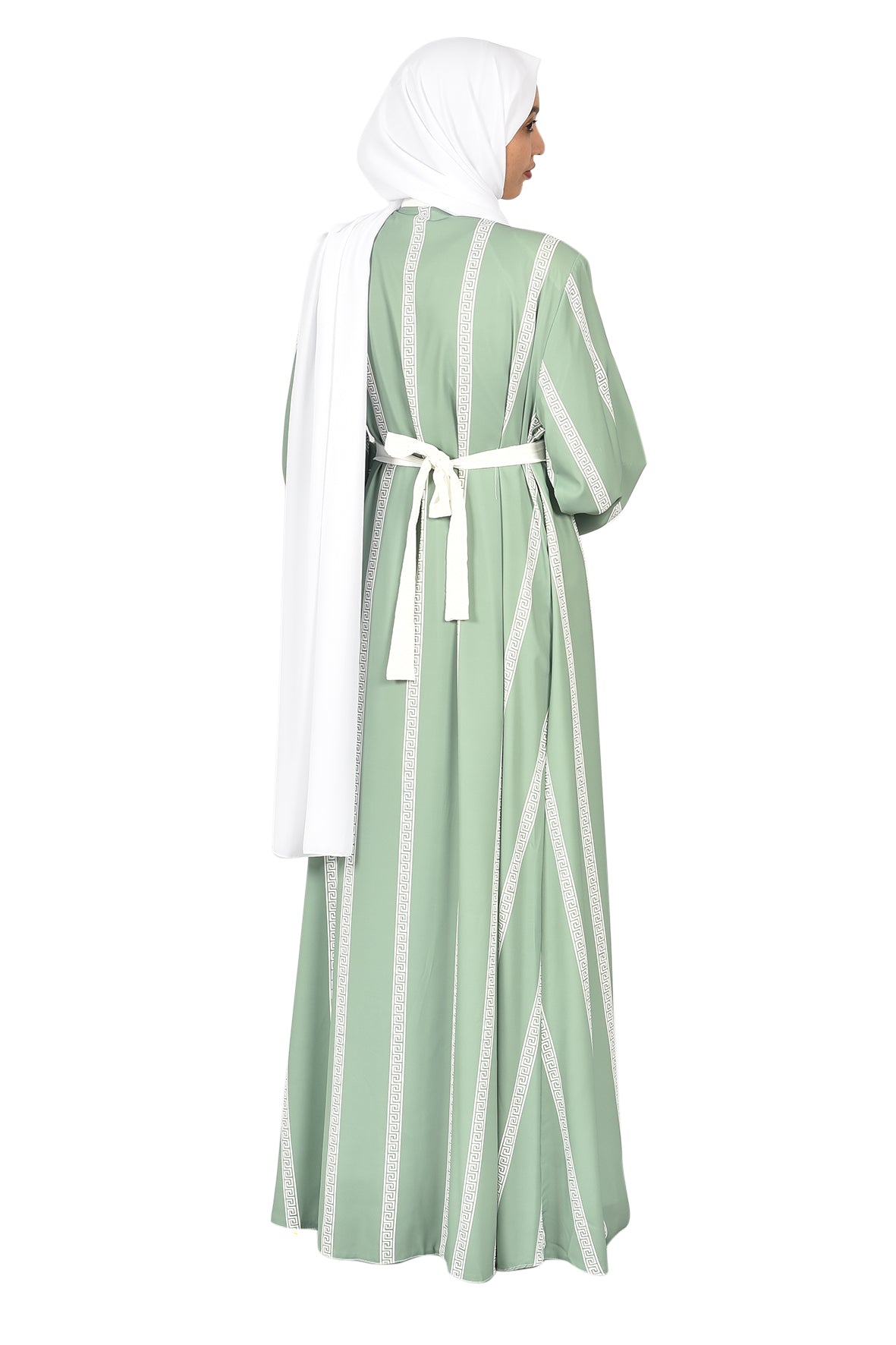 Pastel Green Abaya with Elegant White Striped Detailing  _katalia
