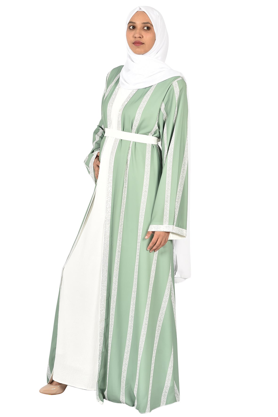 Pastel Green Abaya with Elegant White Striped Detailing  _katalia