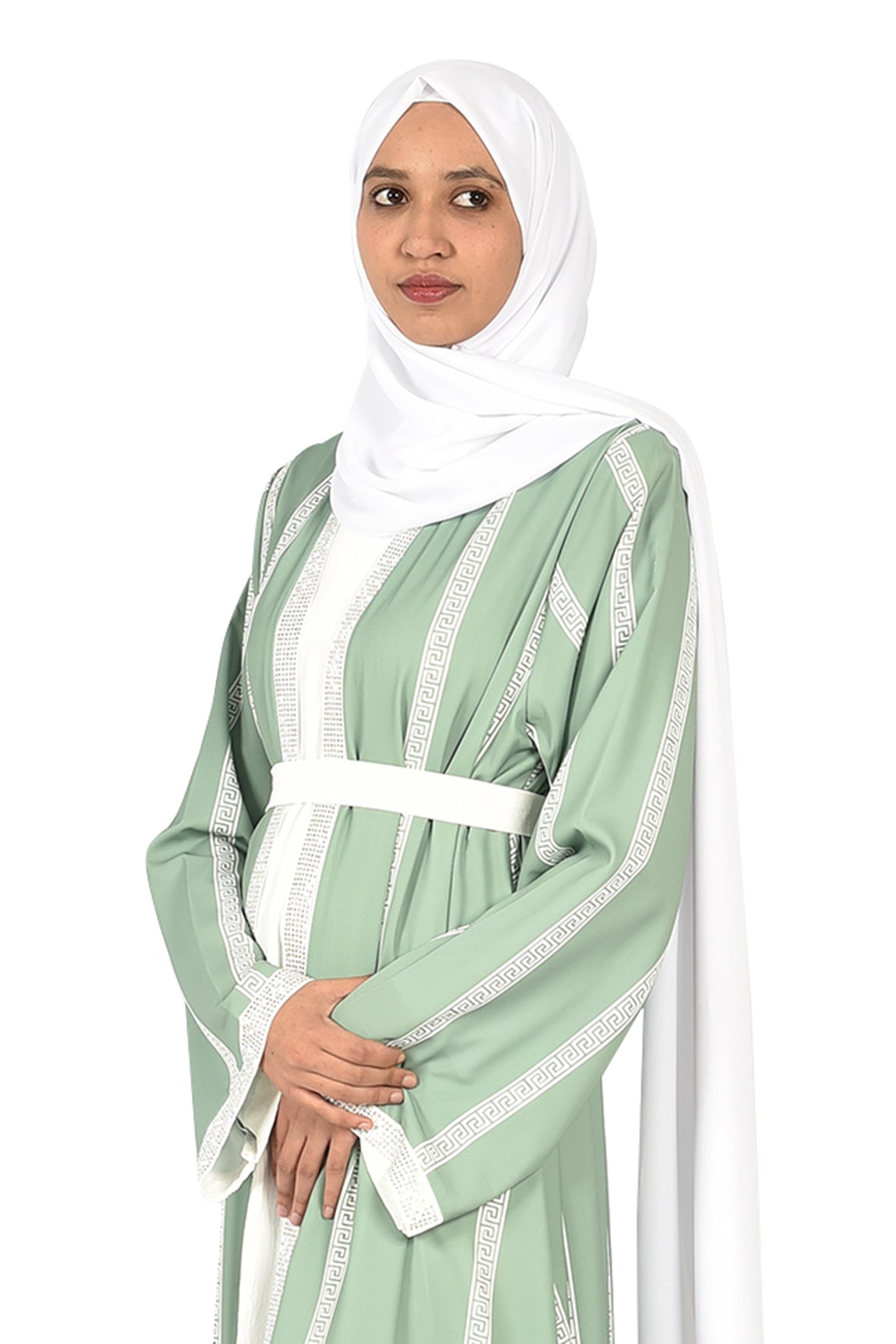 Pastel Green Abaya with Elegant White Striped Detailing  _katalia