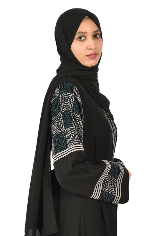 Black Abaya with Elegant Geometric Embroidery on Sleeves and Front