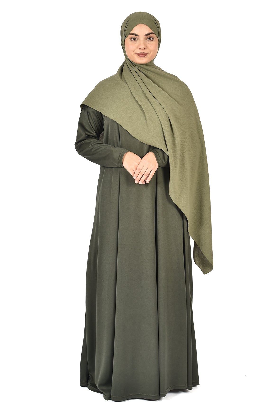 Elegant Islamic Satin Abaya in Olive Green ( ladies aline trilobal )