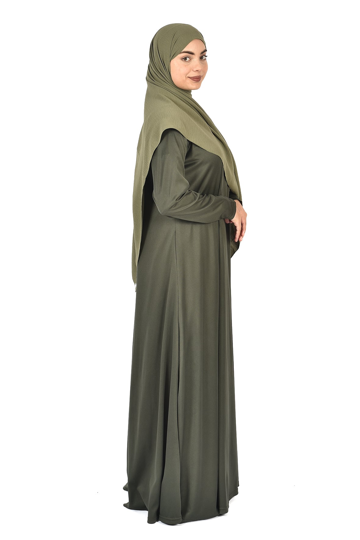 Elegant Islamic Satin Abaya in Olive Green ( ladies aline trilobal )