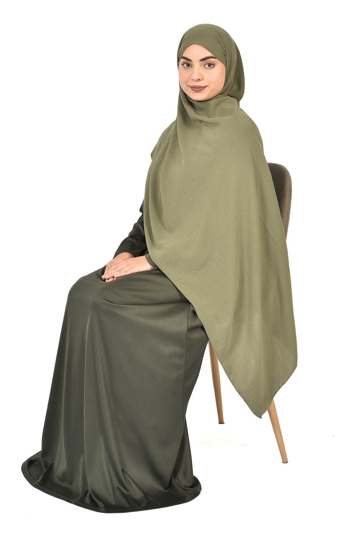 Elegant Islamic Satin Abaya in Olive Green ( ladies aline trilobal )