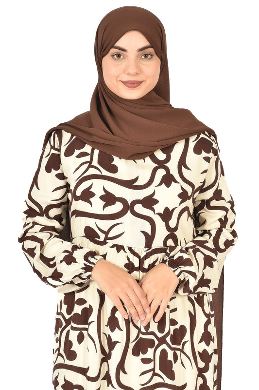 Beige Abaya with Brown Botanical Print ( guz dress )