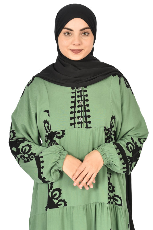 Green Abaya with Classic Black Embroidery ( guz dress )