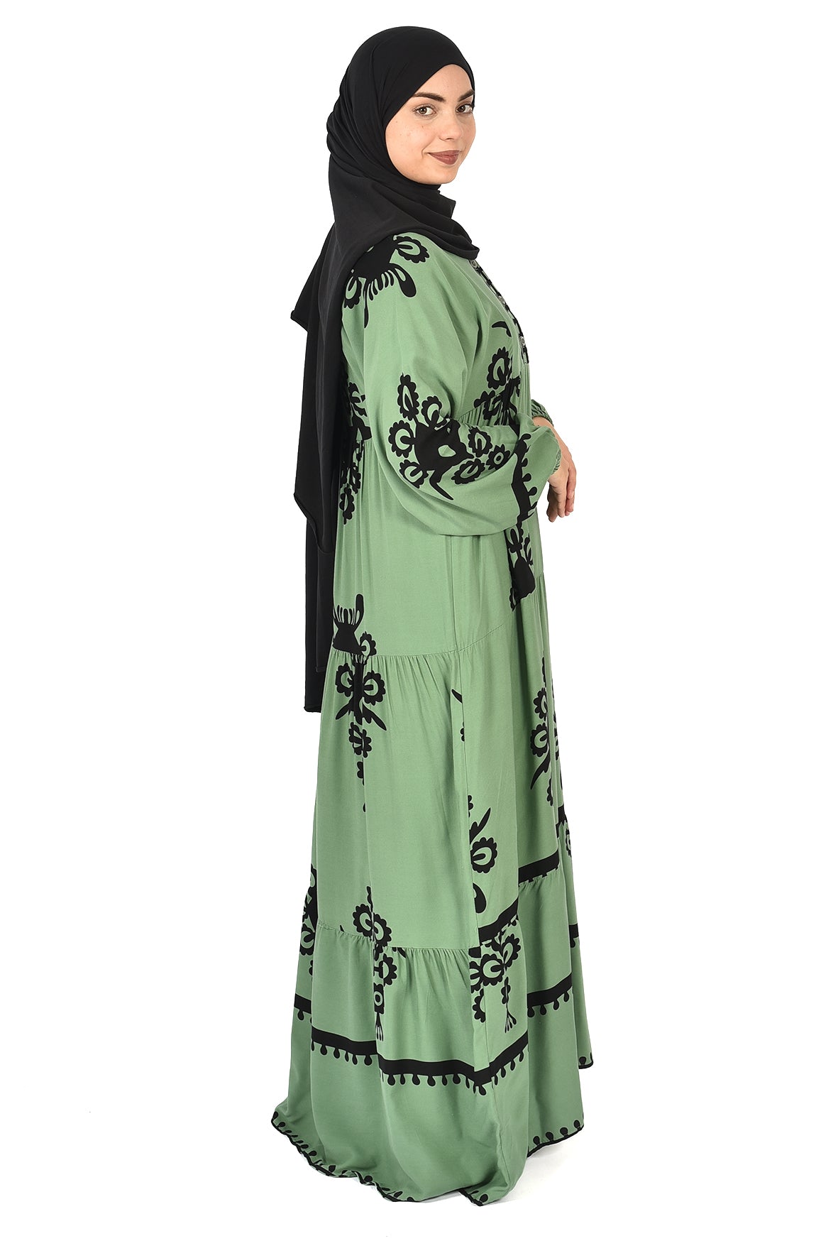 Green Abaya with Classic Black Embroidery ( guz dress )