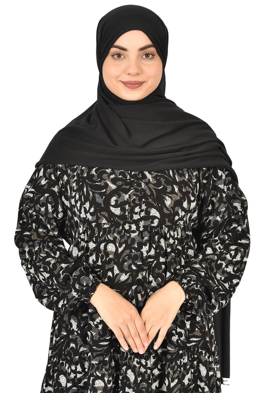 Elegant Black Abaya with Silver Leaf Print – Timeless Grace ( GUZ DRESS )