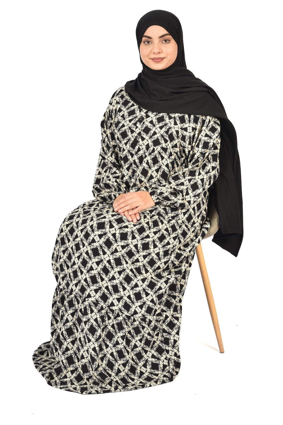 Elegant Women’s Abaya with Black and White Geometric Print ( guz dress )