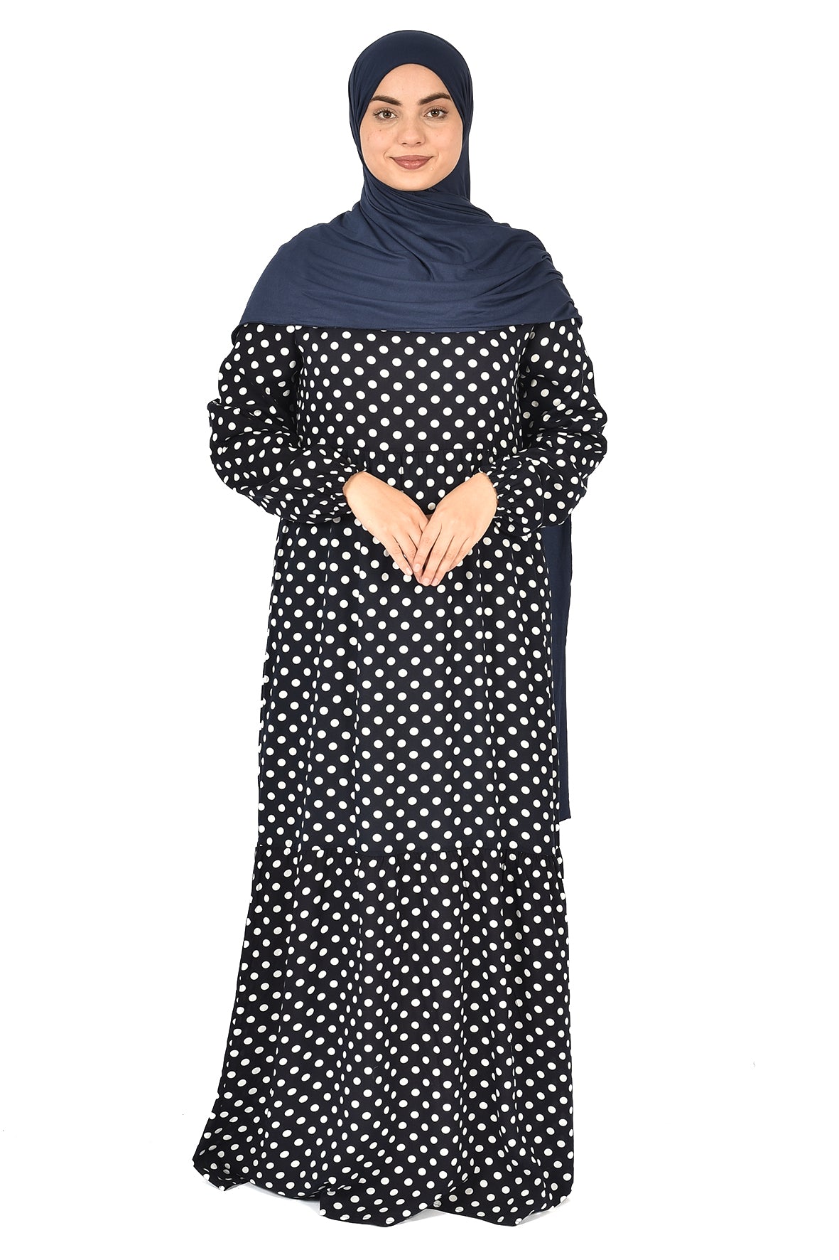 Classic Polka Dot Abaya – Subtle Elegance in Navy Blue ( guz dress )