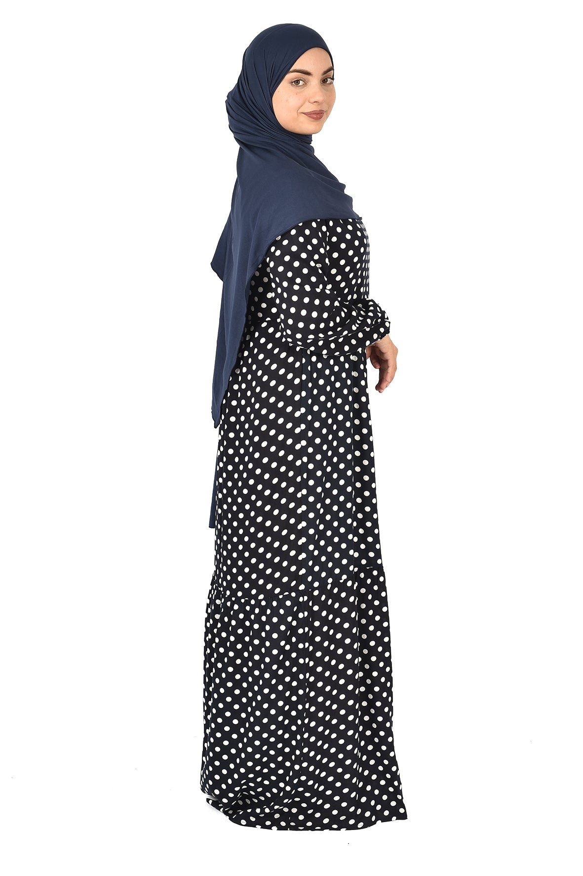 Classic Polka Dot Abaya – Subtle Elegance in Navy Blue ( guz dress )