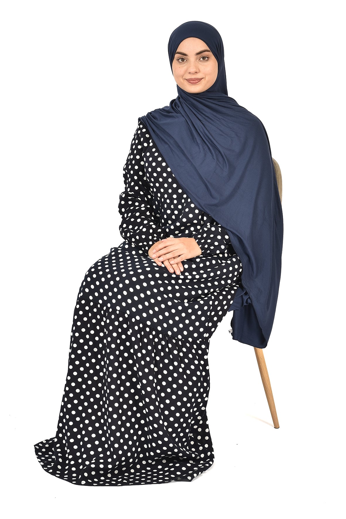 Classic Polka Dot Abaya – Subtle Elegance in Navy Blue ( guz dress )