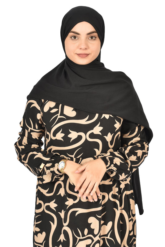Floral Pattern Abaya – Elegant Femininity in Beige & Black ( guz dress )