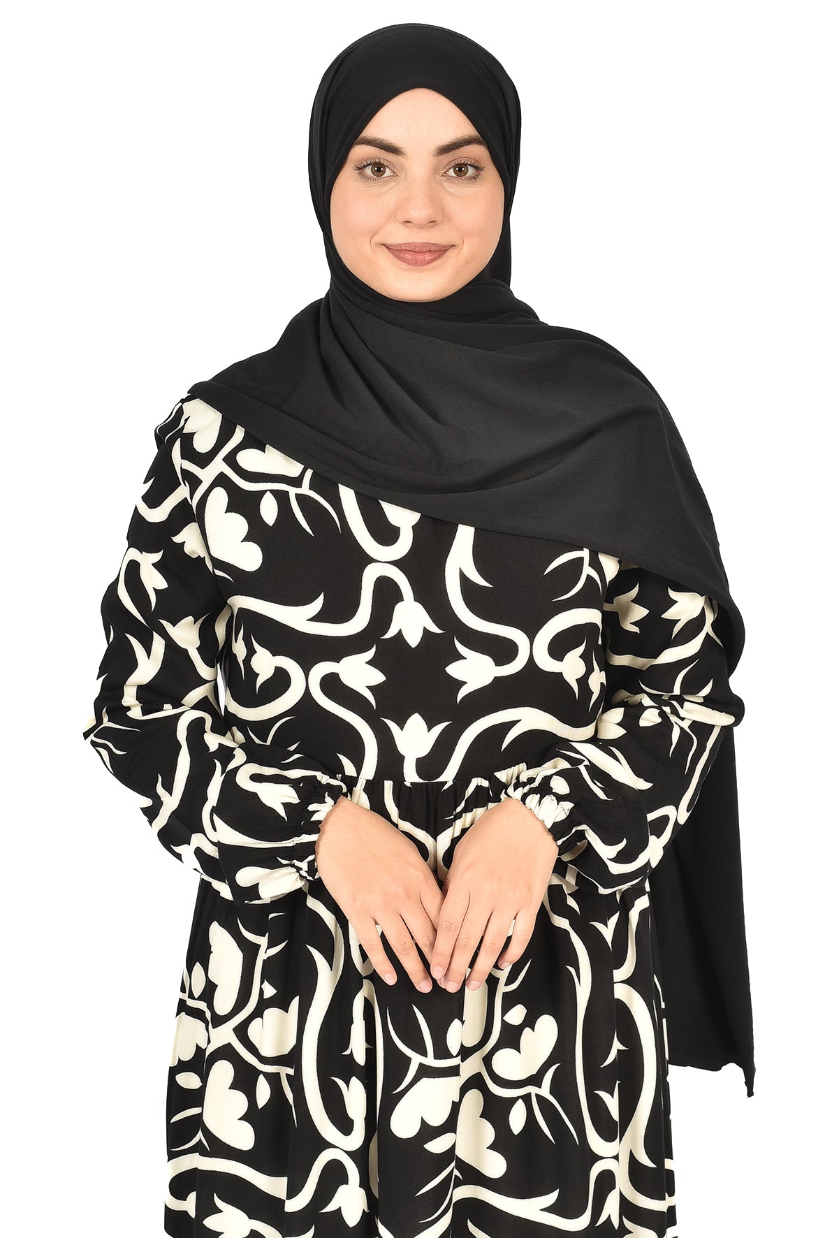 Modern Floral Print Abaya – Artistic Design in Black & White ( guz dress )
