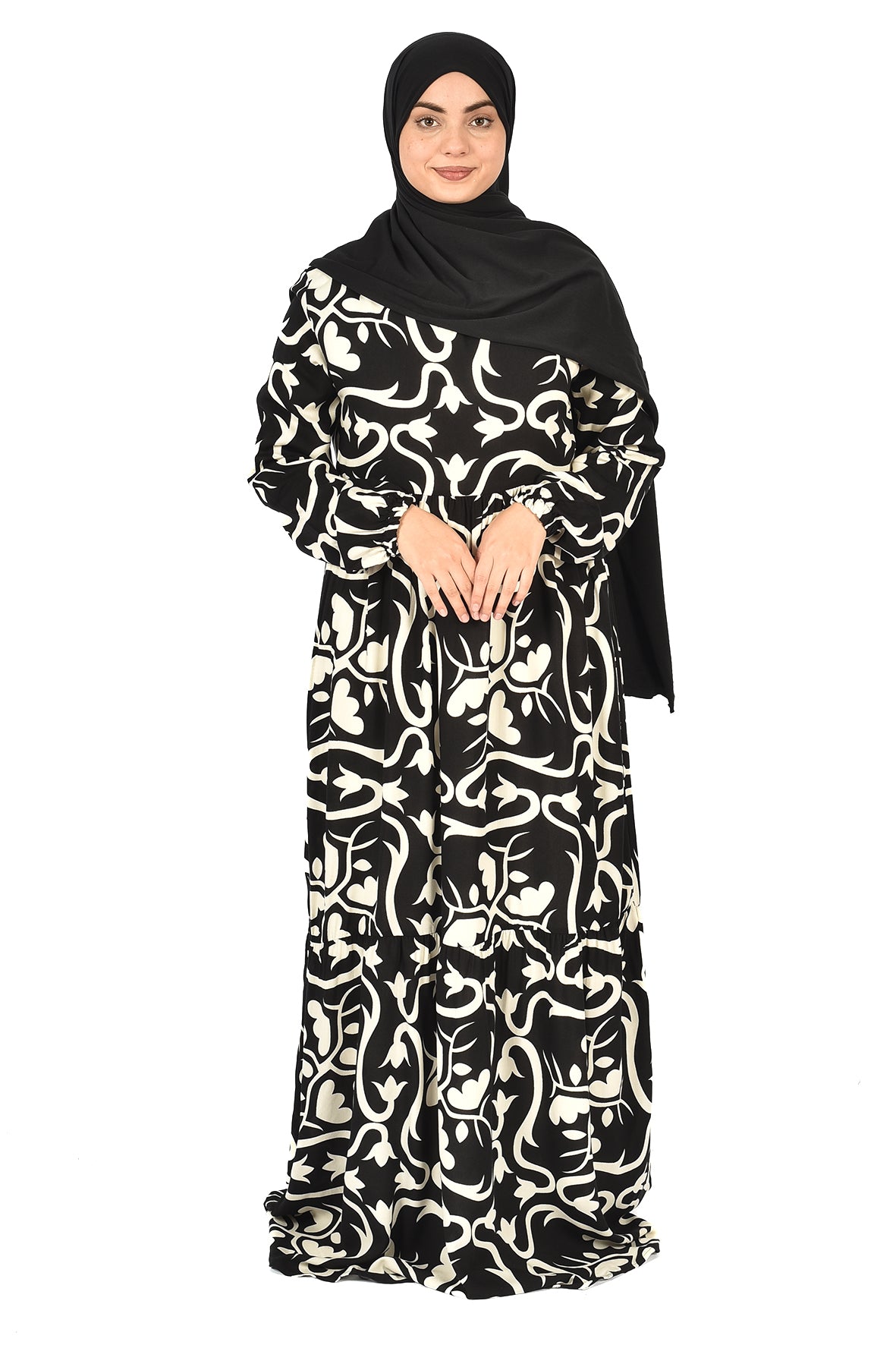 Modern Floral Print Abaya – Artistic Design in Black & White ( guz dress )
