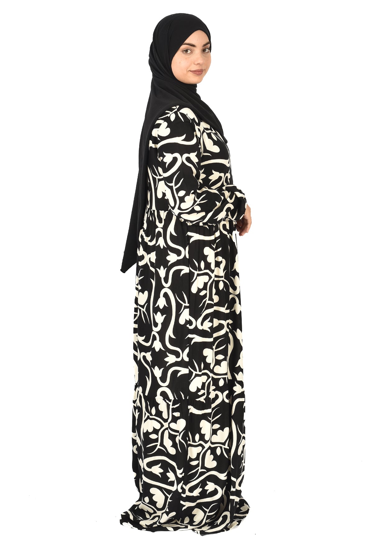 Modern Floral Print Abaya – Artistic Design in Black & White ( guz dress )