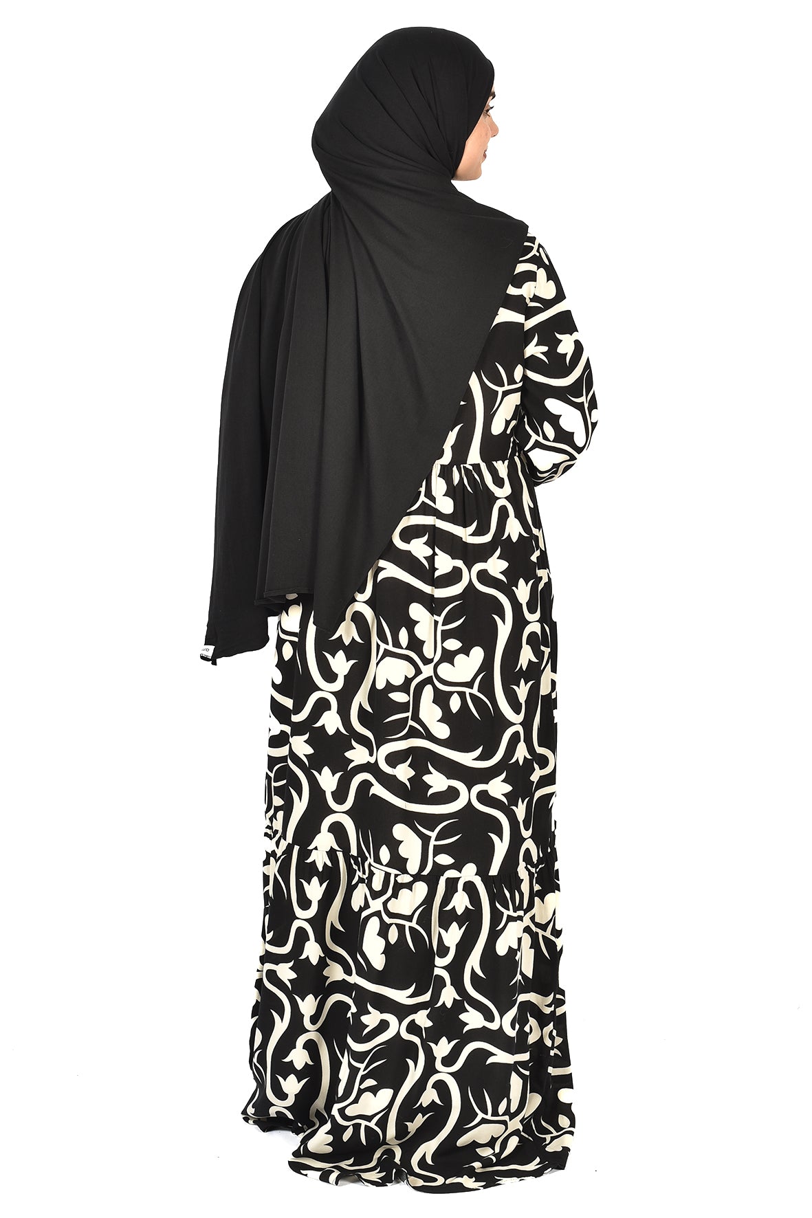 Modern Floral Print Abaya – Artistic Design in Black & White ( guz dress )