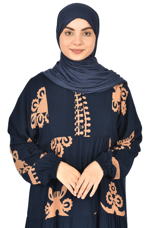 Navy Abaya with Bold Orange Folk-Inspired Embroidery ( guz dress )