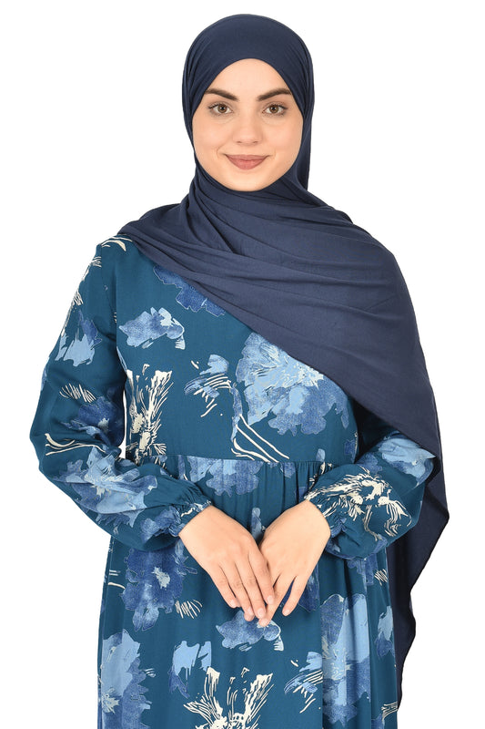 Floral Turquoise Abaya with Blue Accents – Soft Elegance for Daily Wear (guz dress )