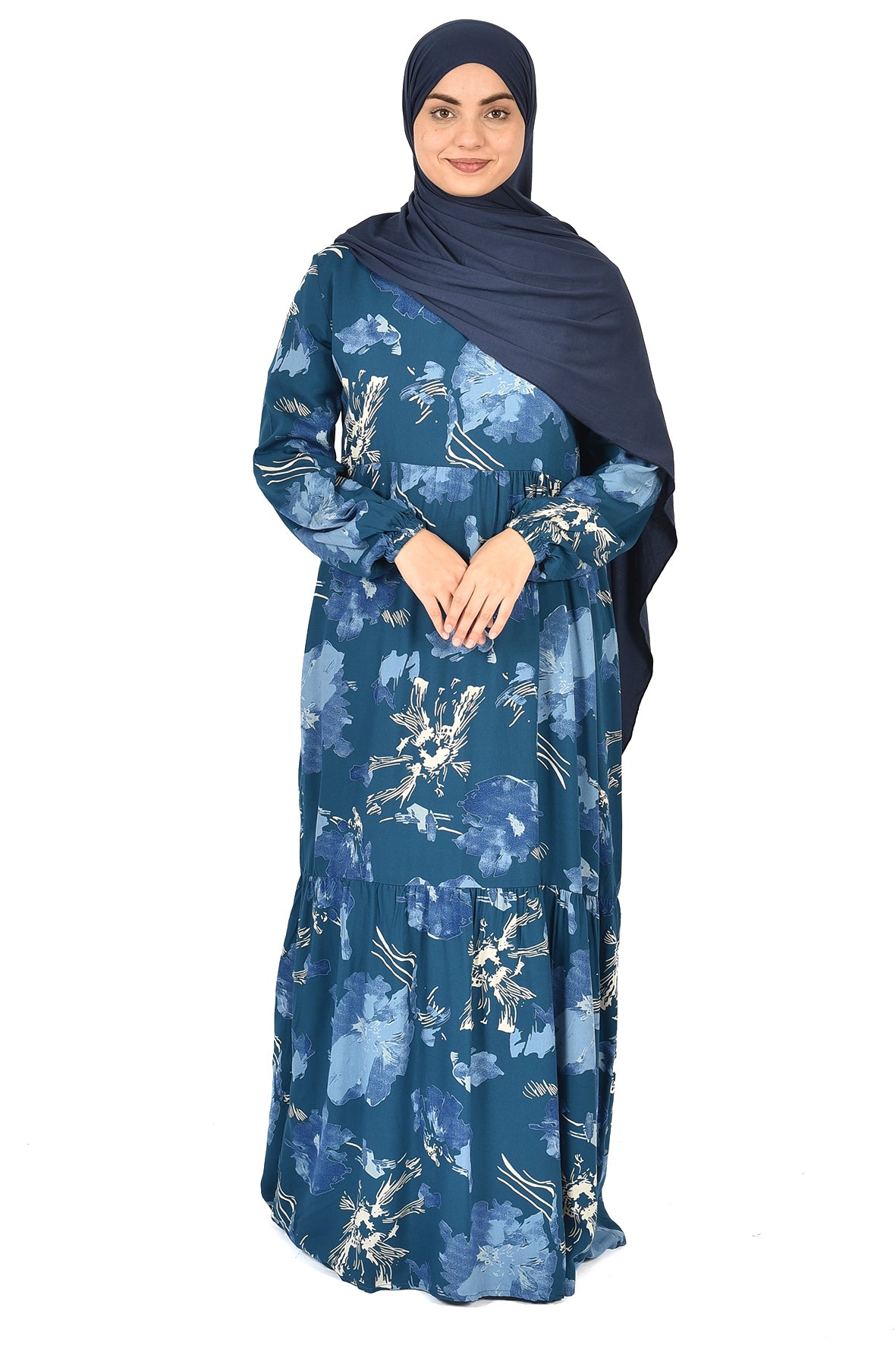Floral Turquoise Abaya with Blue Accents – Soft Elegance for Daily Wear (guz dress )