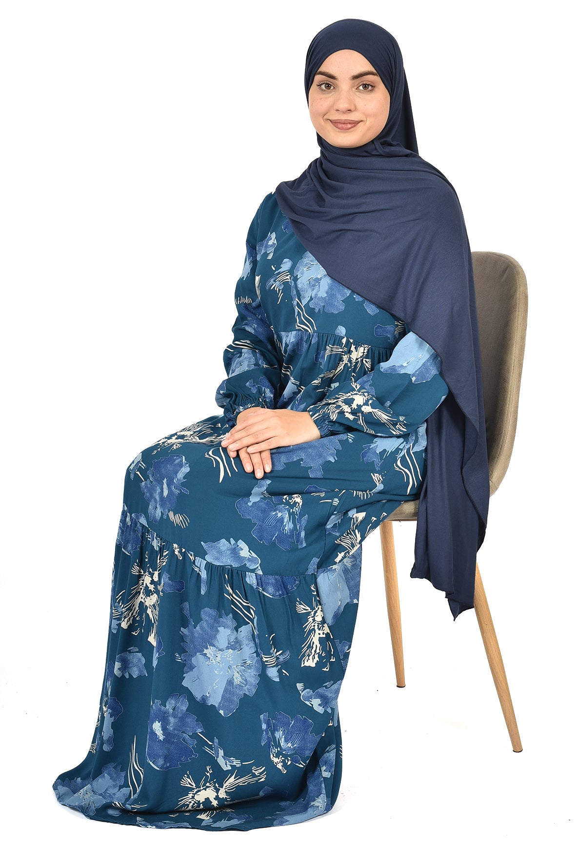 Floral Turquoise Abaya with Blue Accents – Soft Elegance for Daily Wear (guz dress )