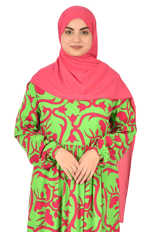 Green & Fuchsia Artistic Print Abaya – Bold Meets Chic (guz dress )