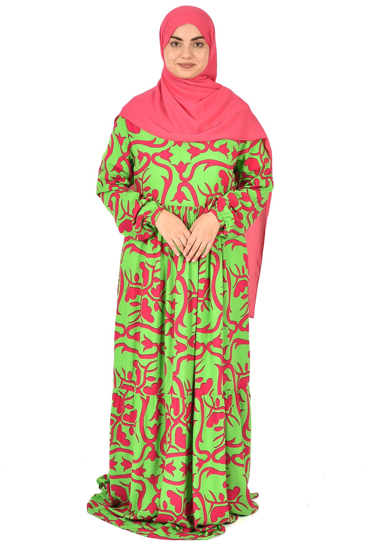 Green & Fuchsia Artistic Print Abaya – Bold Meets Chic (guz dress )