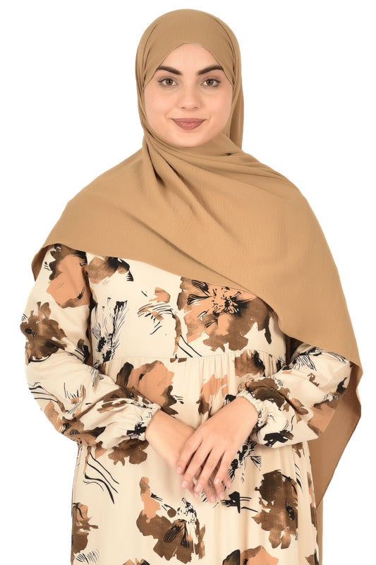 Beige Abaya with Brown Floral Print – A Touch of Nature & Grace ( guz dress )