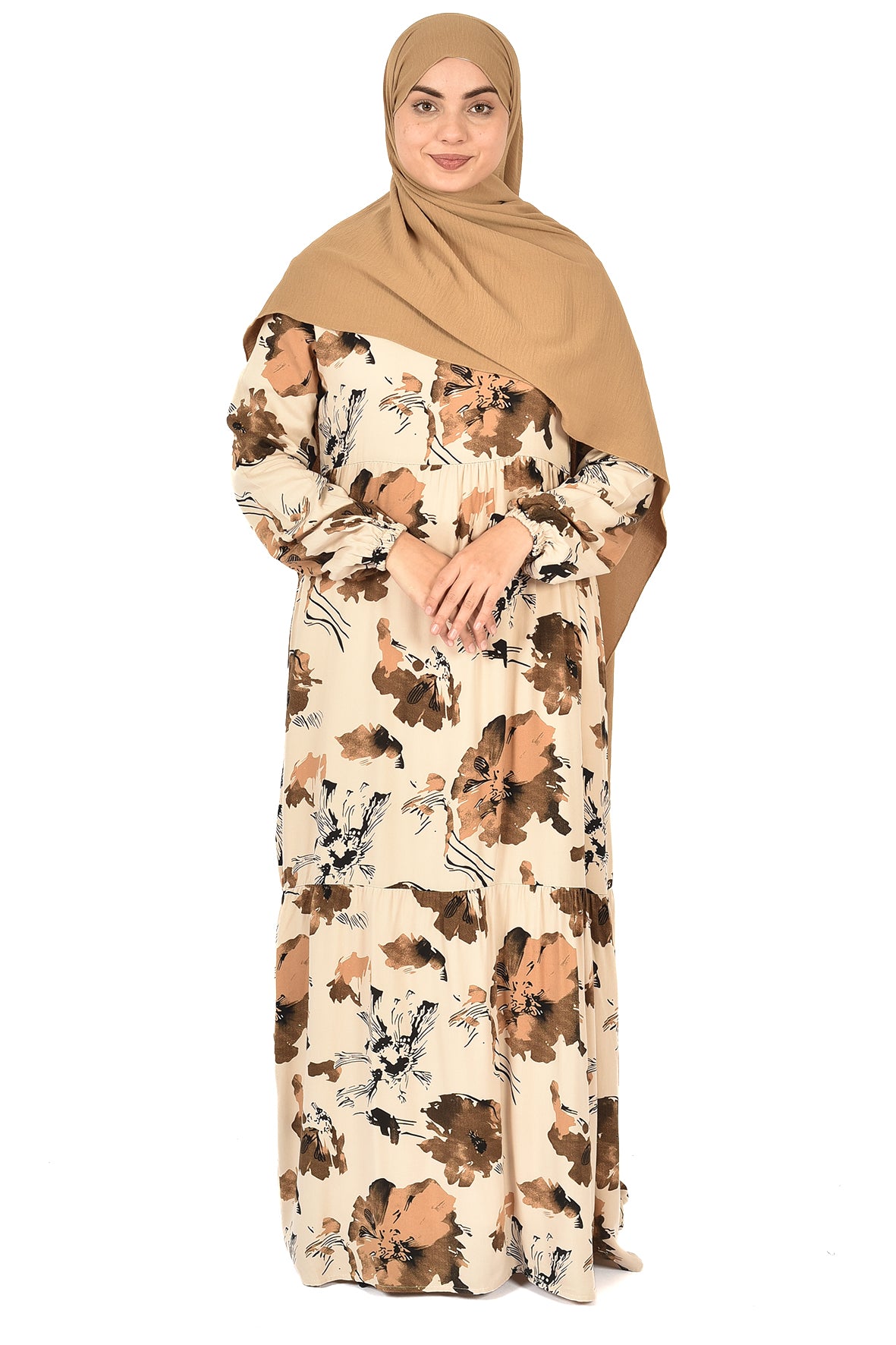 Beige Abaya with Brown Floral Print – A Touch of Nature & Grace ( guz dress )