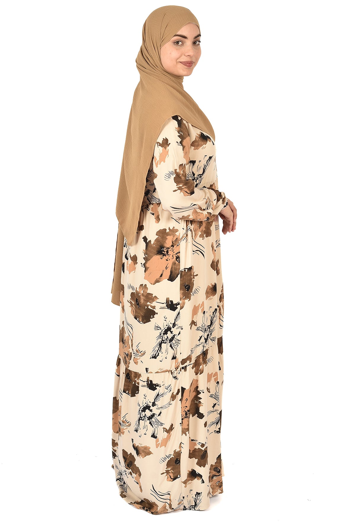 Beige Abaya with Brown Floral Print – A Touch of Nature & Grace ( guz dress )
