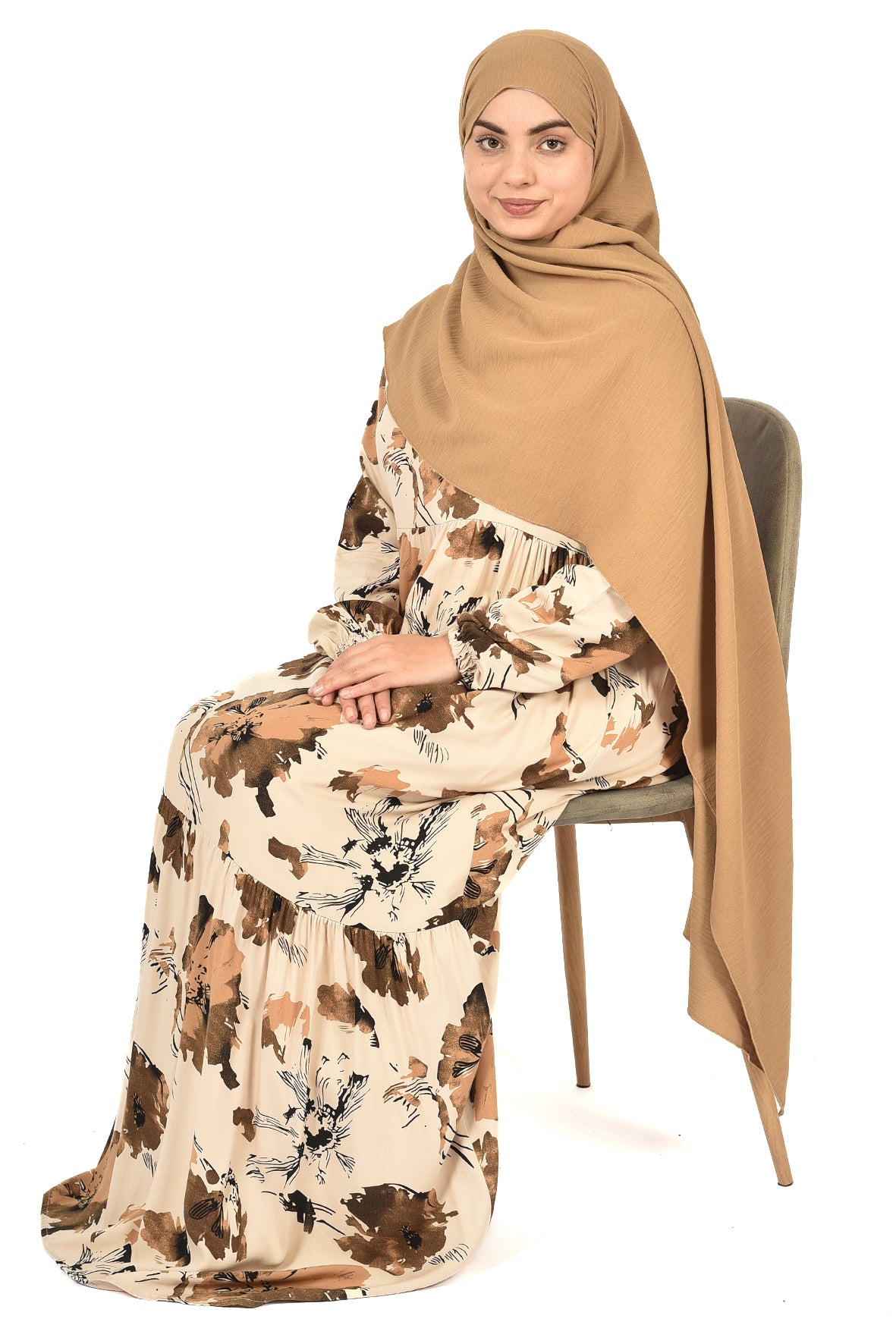 Beige Abaya with Brown Floral Print – A Touch of Nature & Grace ( guz dress )