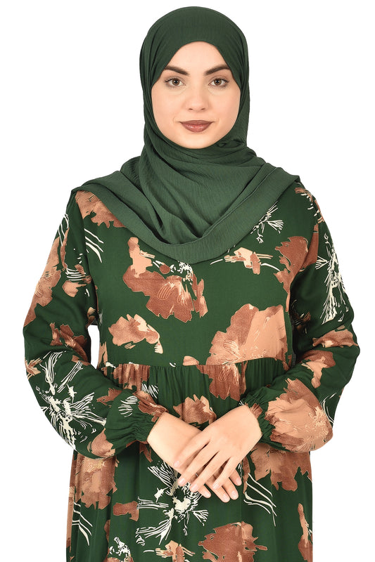 Green Abaya with Brown Floral Print ( guz dress )