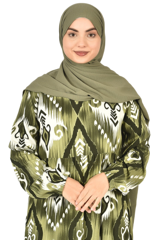 Olive Green Abaya with Geometric Ikat Pattern ( guz dress )