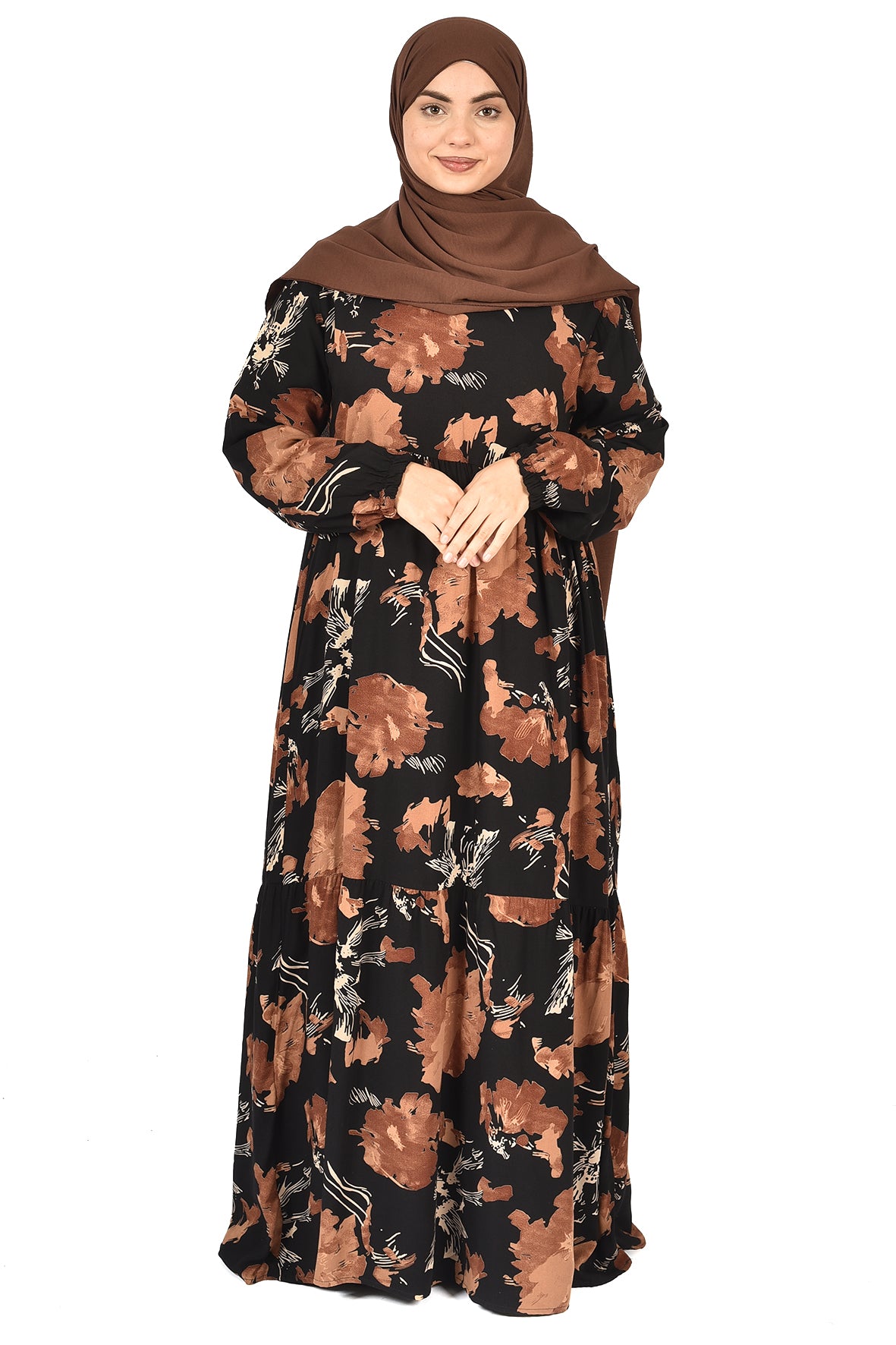 Black Floral Abaya with Earthy Tones – Classic Meets Contemporary ( guz dress )
