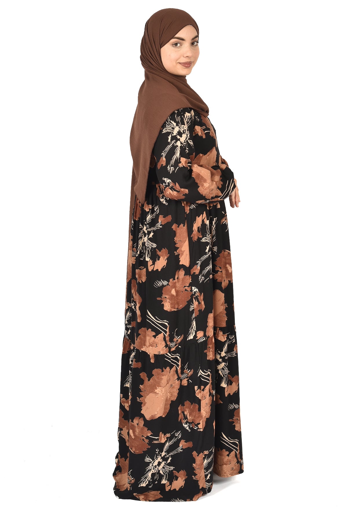 Black Floral Abaya with Earthy Tones – Classic Meets Contemporary ( guz dress )
