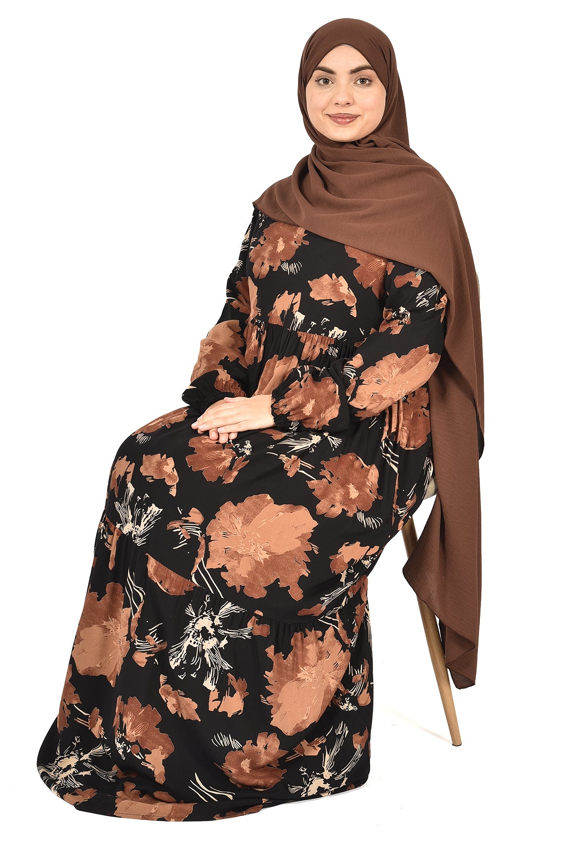 Black Floral Abaya with Earthy Tones – Classic Meets Contemporary ( guz dress )
