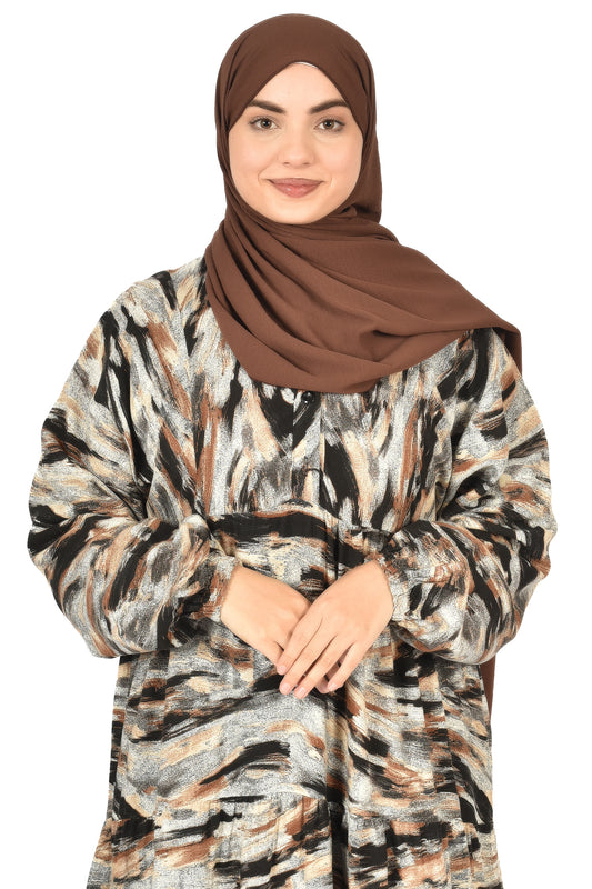 Earth-Toned Artistic Abaya – Abstract Elegance for Every Occasion ( guz dress )