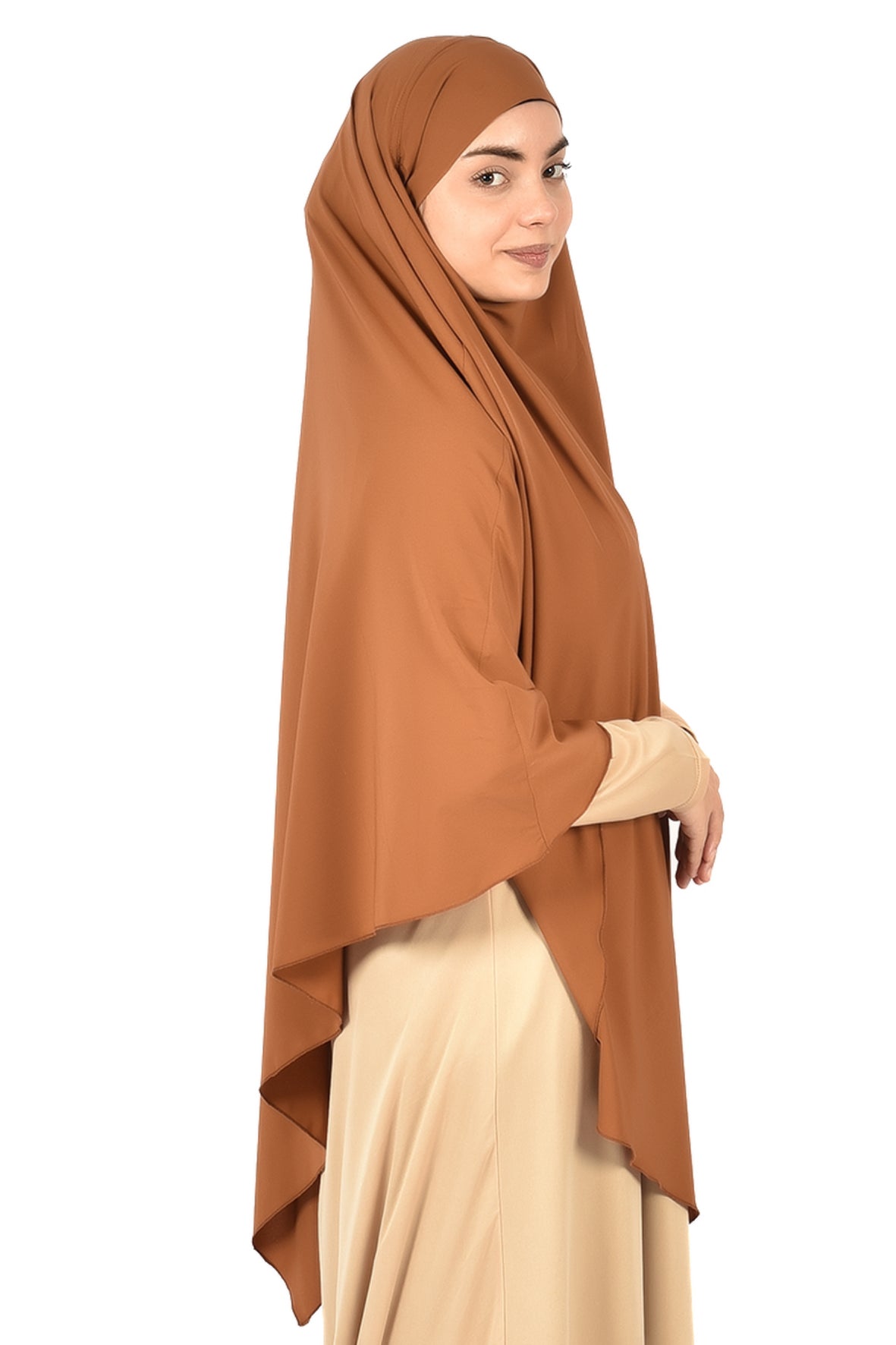 Elegant Women’s Khimar – Copper Brown, Soft Crepe Fabric