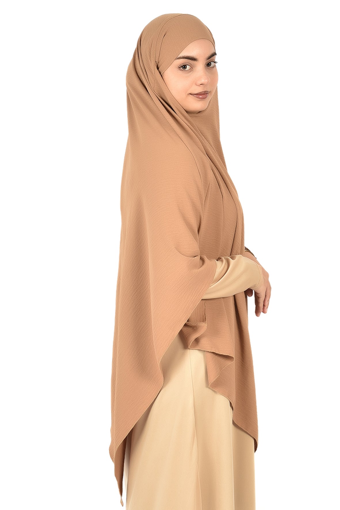 Elegant Women’s Khimar – Sandy Beige, Soft Crepe Fabric