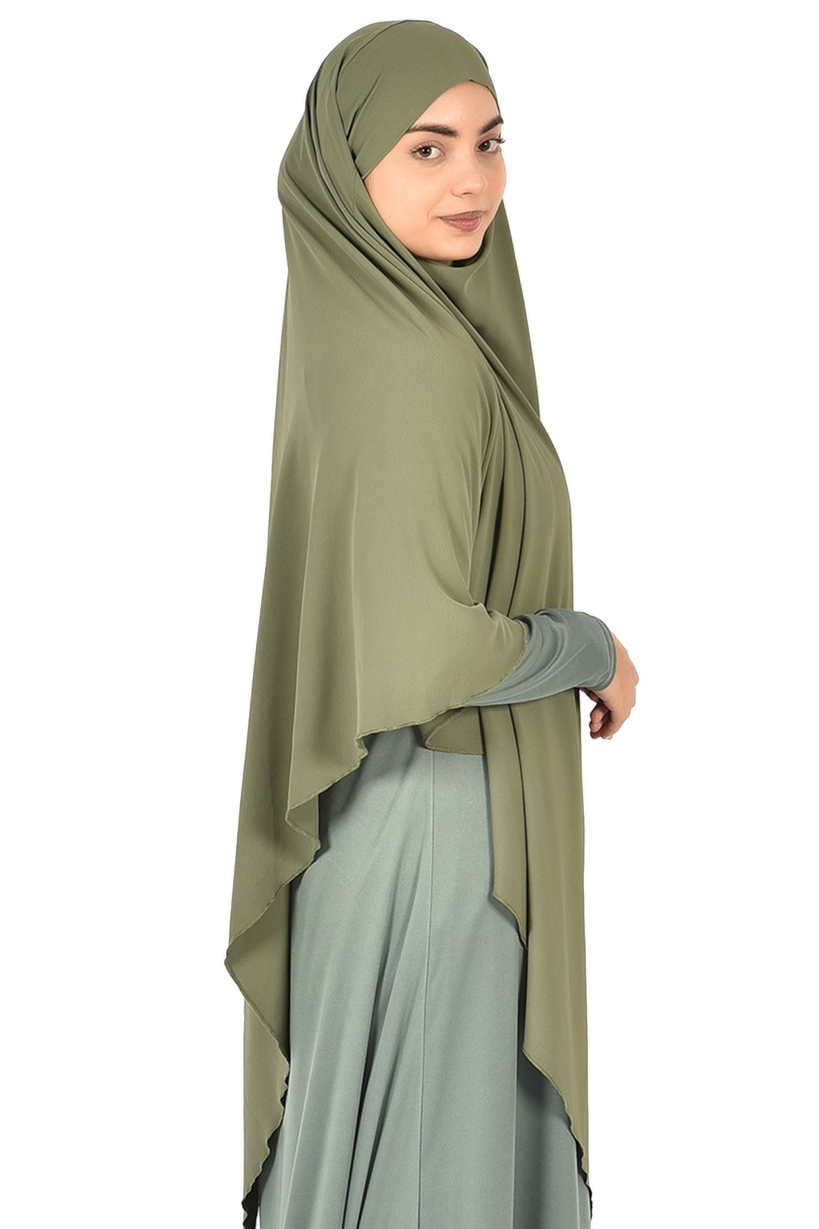 Elegant Women’s Khimar – Light Olive Green, Soft Crepe Fabric