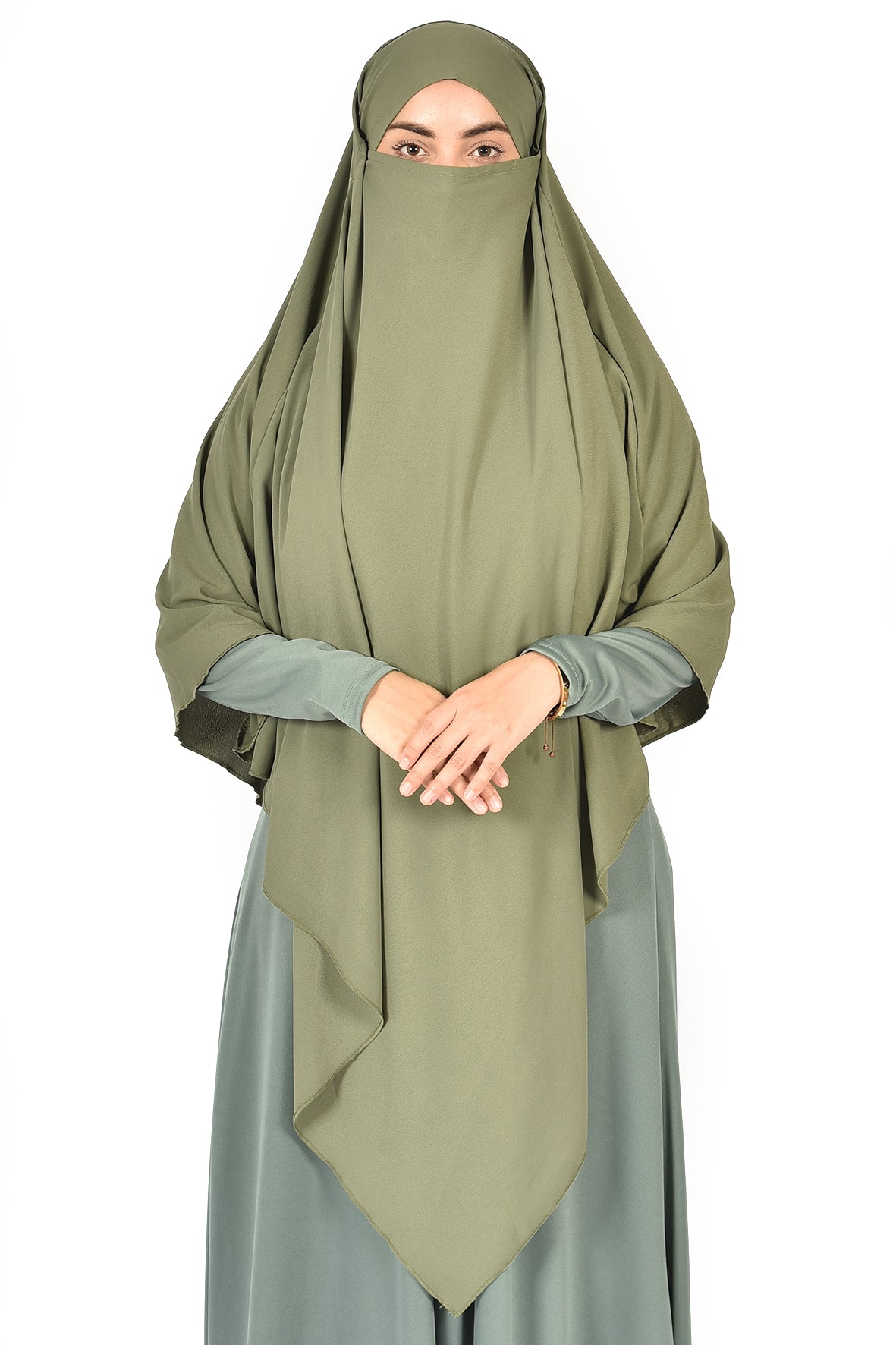 Elegant Women’s Khimar – Light Olive Green, Soft Crepe Fabric