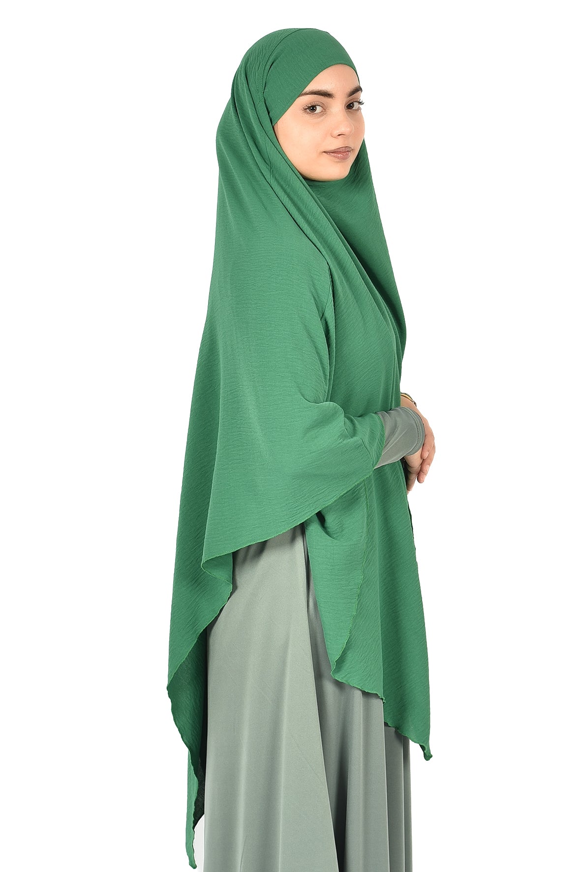 Elegant Women’s Khimar – Light Emerald Green, Soft Crepe Fabric
