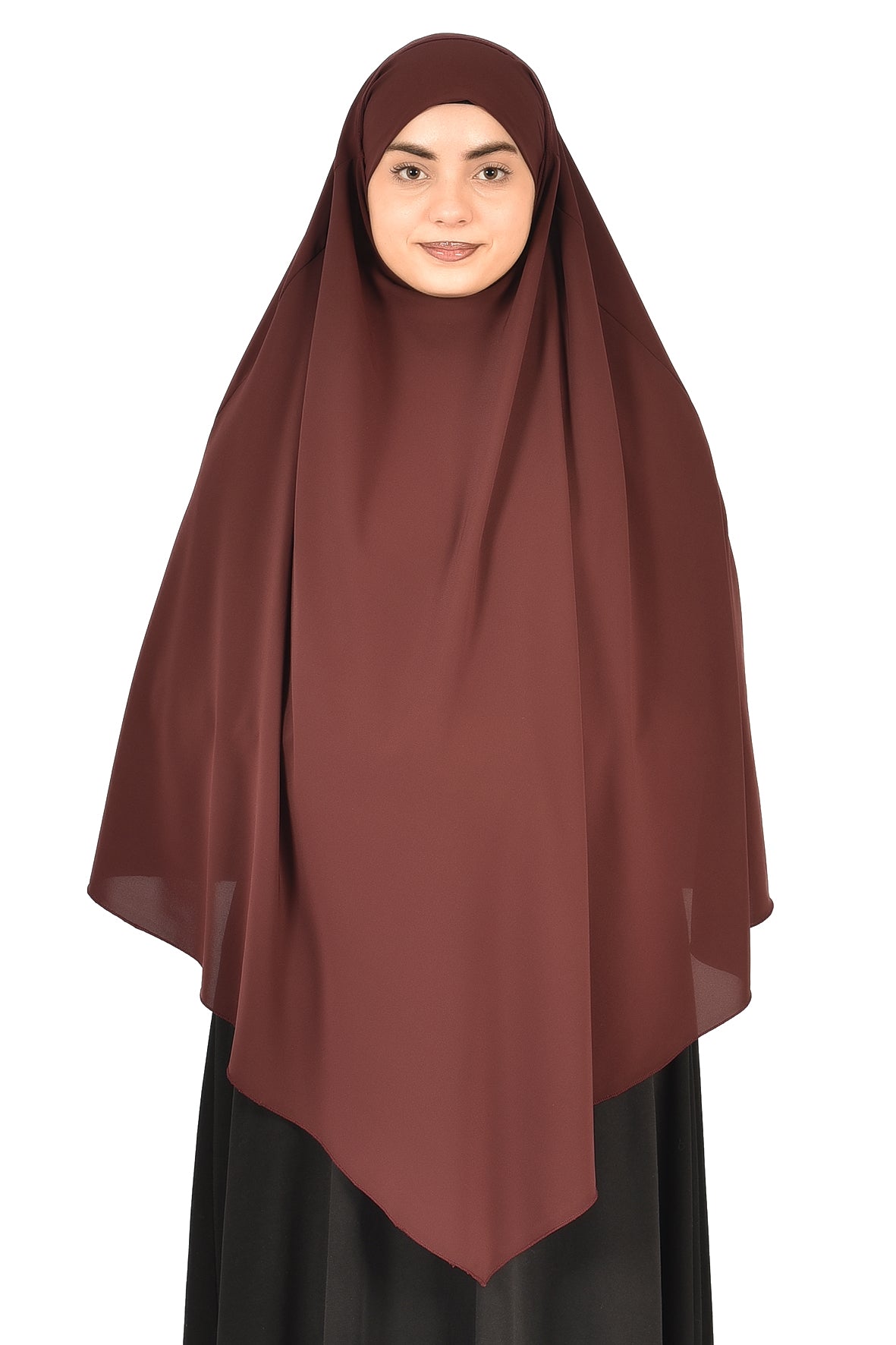 Elegant Women’s Khimar – Dark Chocolate Brown, Soft Crepe Fabric