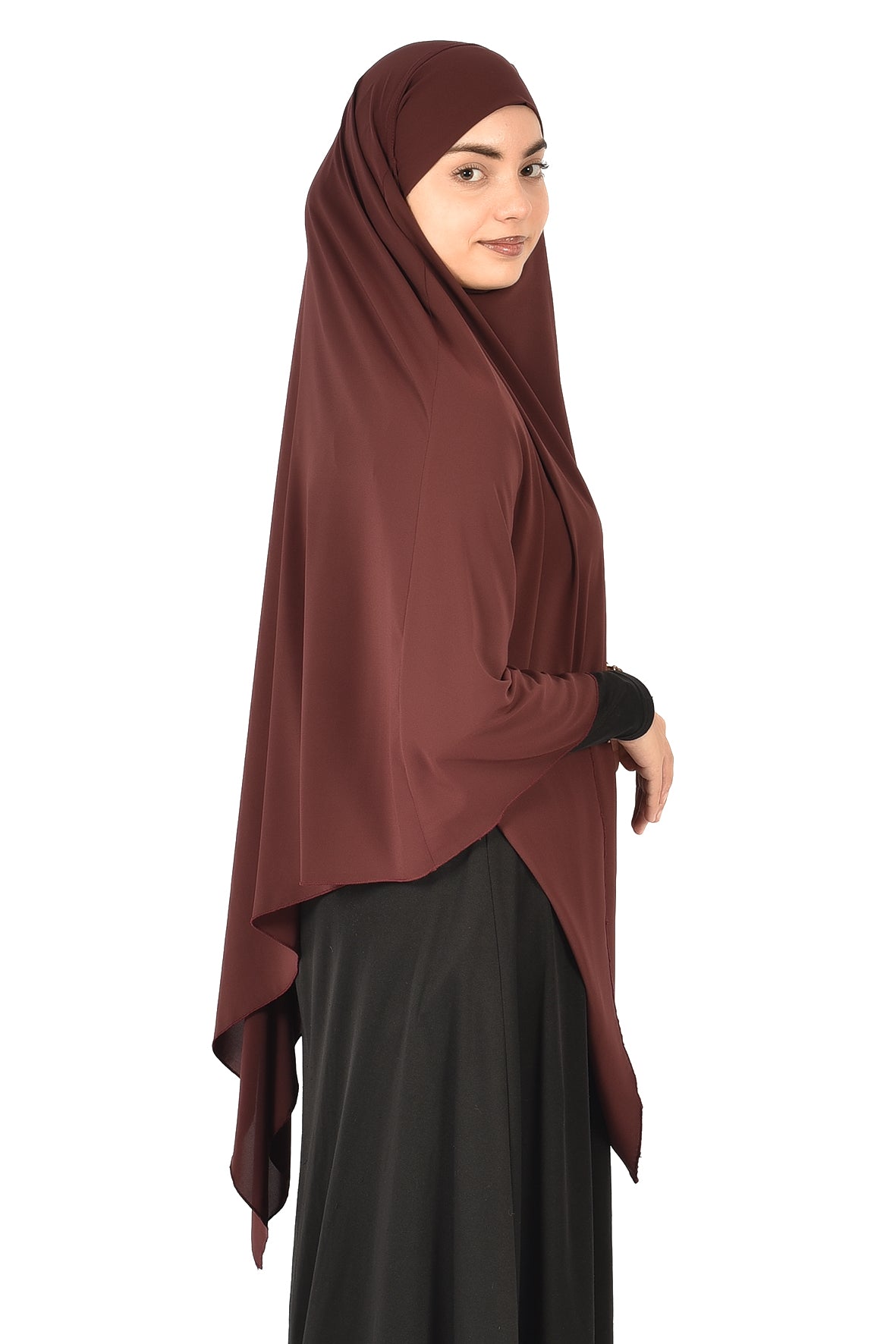 Elegant Women’s Khimar – Dark Chocolate Brown, Soft Crepe Fabric