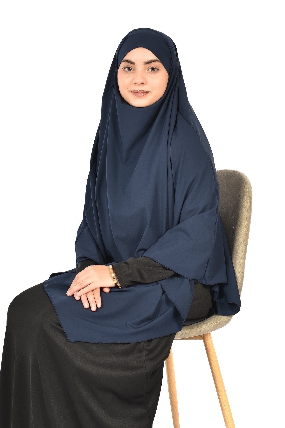 Elegant Women’s Khimar – Dark Navy Blue, Soft Crepe Fabric
