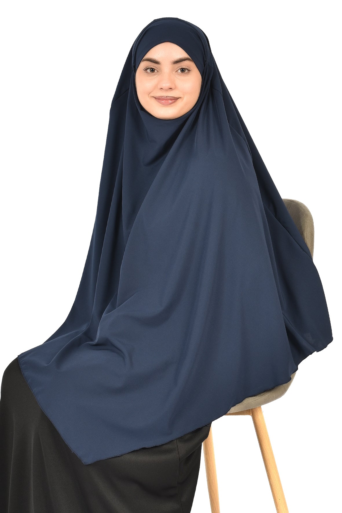 Elegant Women’s Khimar – Dark Navy Blue, Soft Crepe Fabric