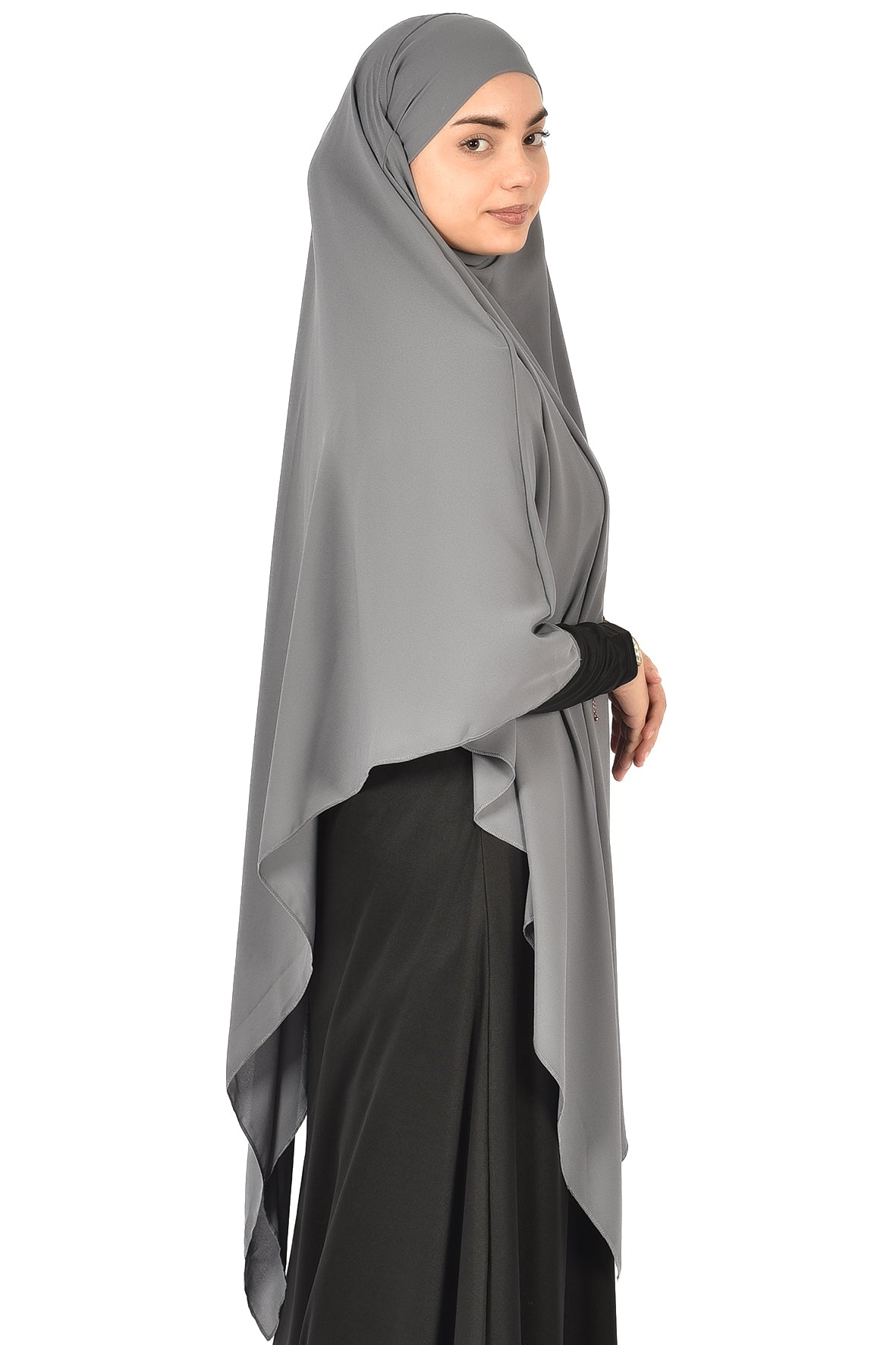 Elegant Women’s Khimar – Dark Gray, Lightweight Crepe Fabric