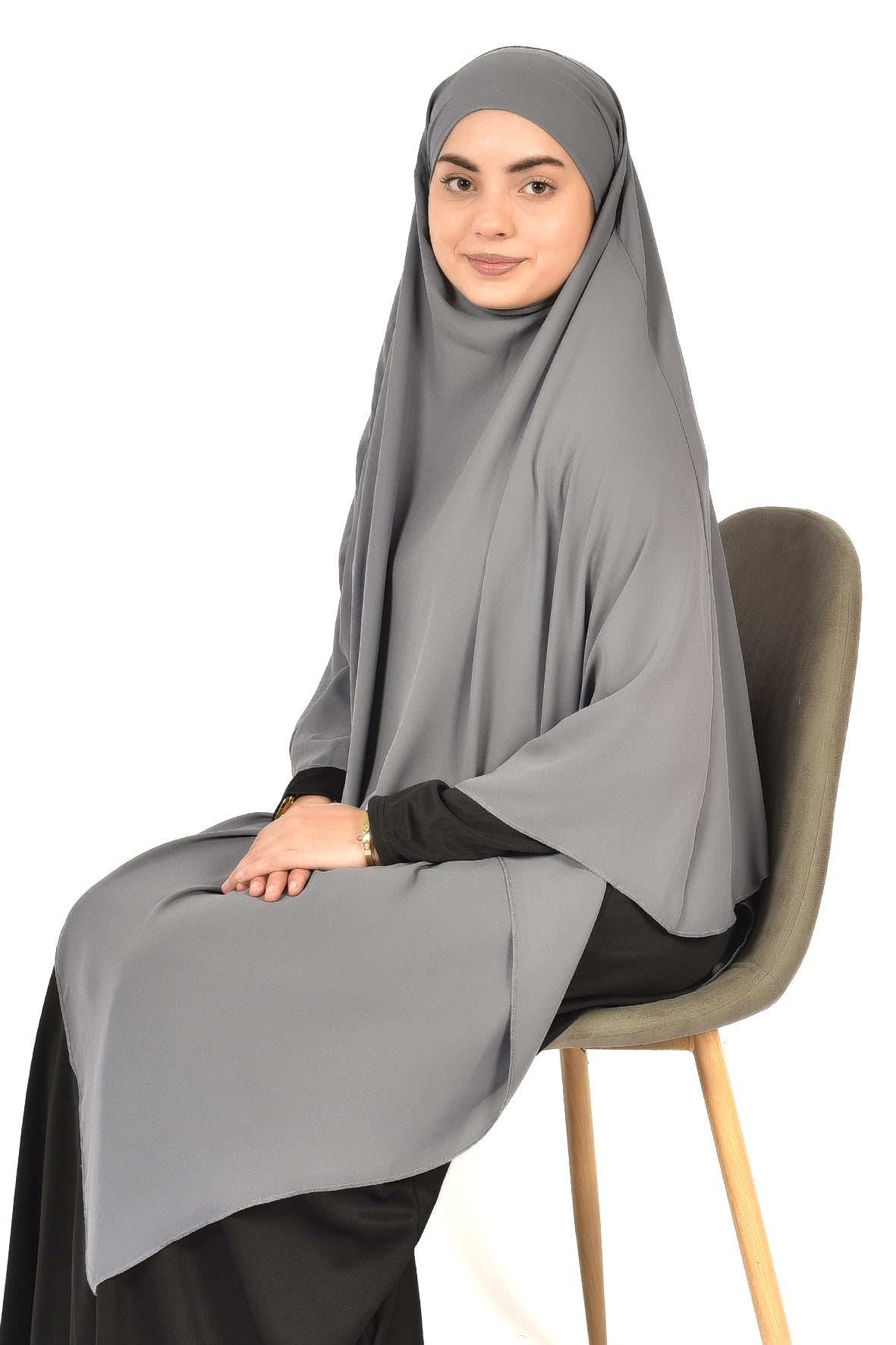 Elegant Women’s Khimar – Dark Gray, Lightweight Crepe Fabric