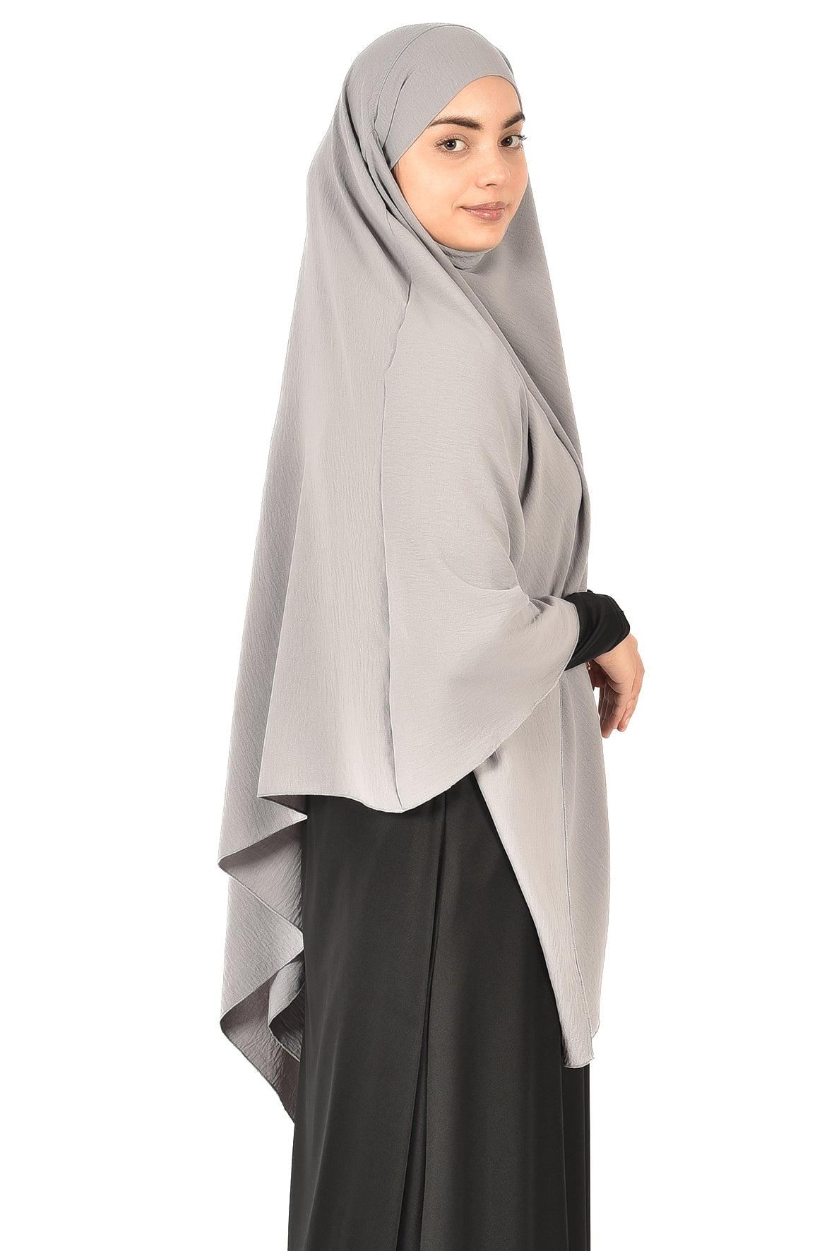 Elegant Women’s Khimar – Light Grey, Soft Crepe Fabric